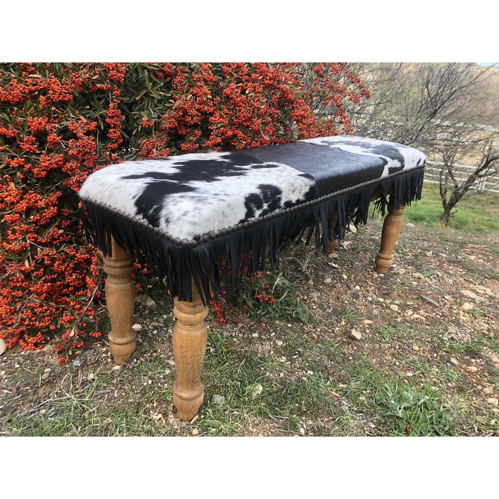 Western Cowhide & Leather Fringe Entryway Bench